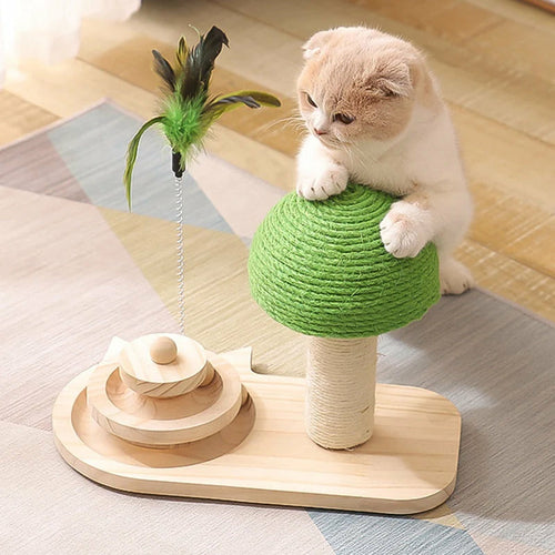 Cat Tree Scratching Post with Interactive Toys - Sisal & Wood